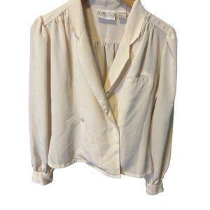 Vintage 90s Cream Donna Berns Silk Blouse With Button Cuffs Pleated Shoulders